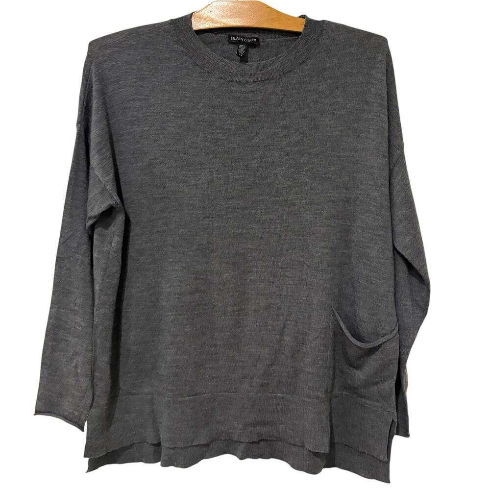 Eileen Fisher | Sweater Pullover Gray Merino Wool Minimalist Quiet Luxury- Small